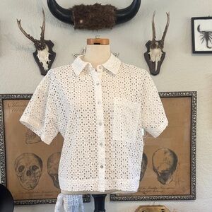 White Eyelet Short-Sleeve Button-Up Shirt